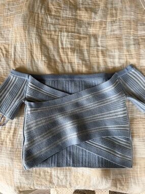 Aerie Light Blue Off-Shoulder Ribbed Wrap Sweater